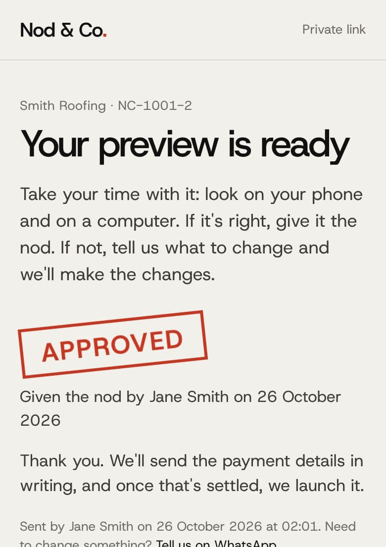 The same link after approval, stamped Approved, given the nod by the client by name and date