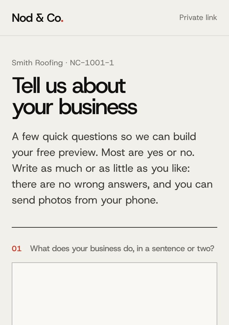 A private link titled Tell us about your business, with the first question: what does your business do?