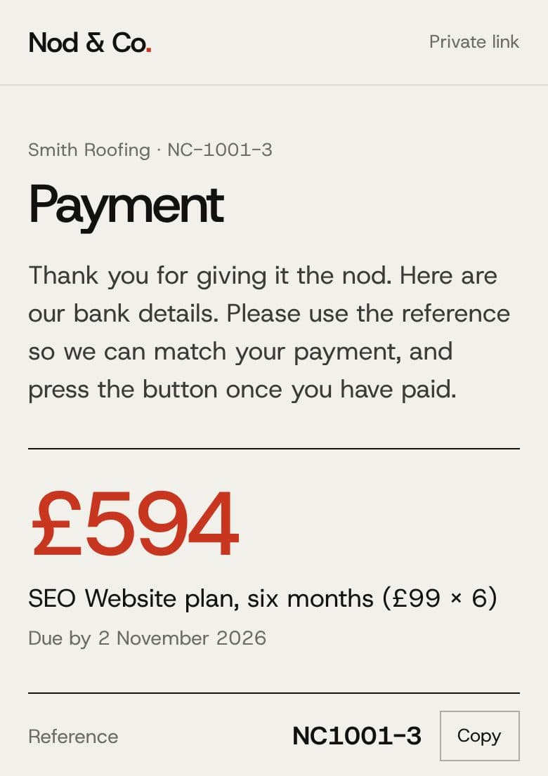 A private link titled Payment, showing £594 for six months of the SEO Website plan and a payment reference