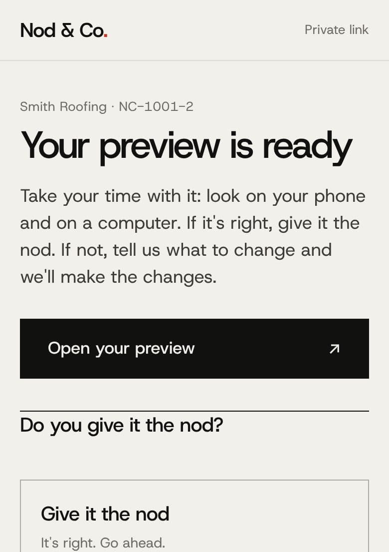 A private link titled Your preview is ready, with a button to open the preview