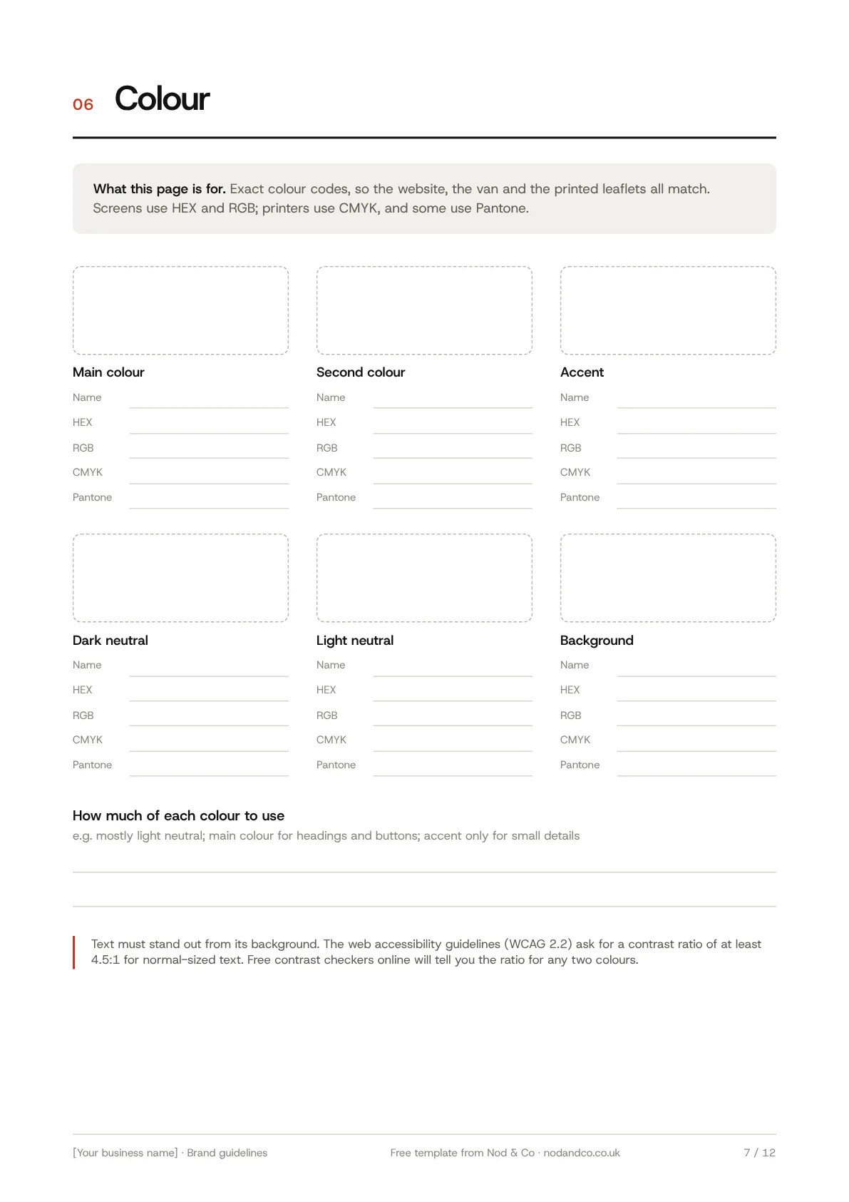 The colour page of the template, with six colour swatches and lines for HEX, RGB, CMYK and Pantone codes