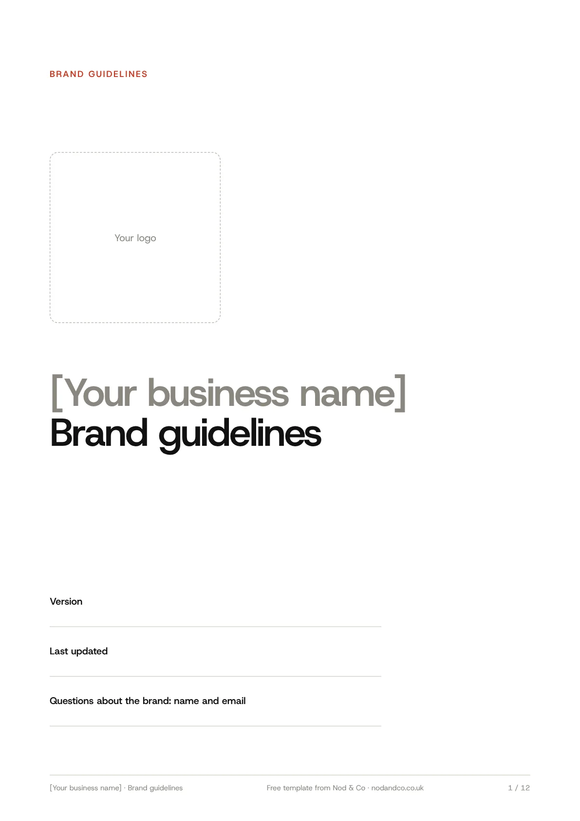 The cover of the brand guidelines template, with a space for your logo and business name