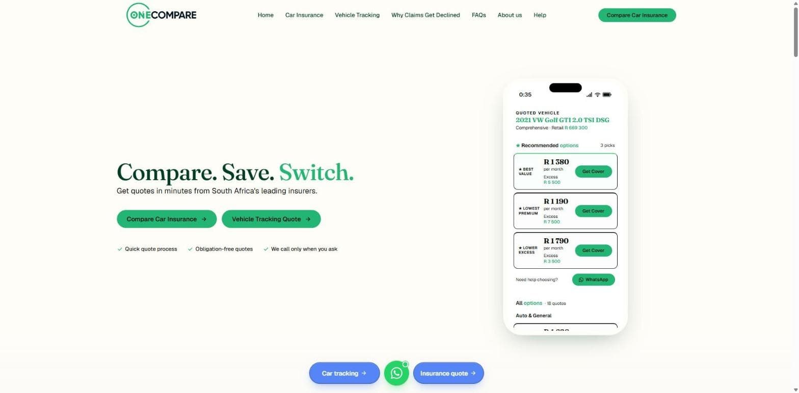 The OneCompare website homepage, built by Nod & Co