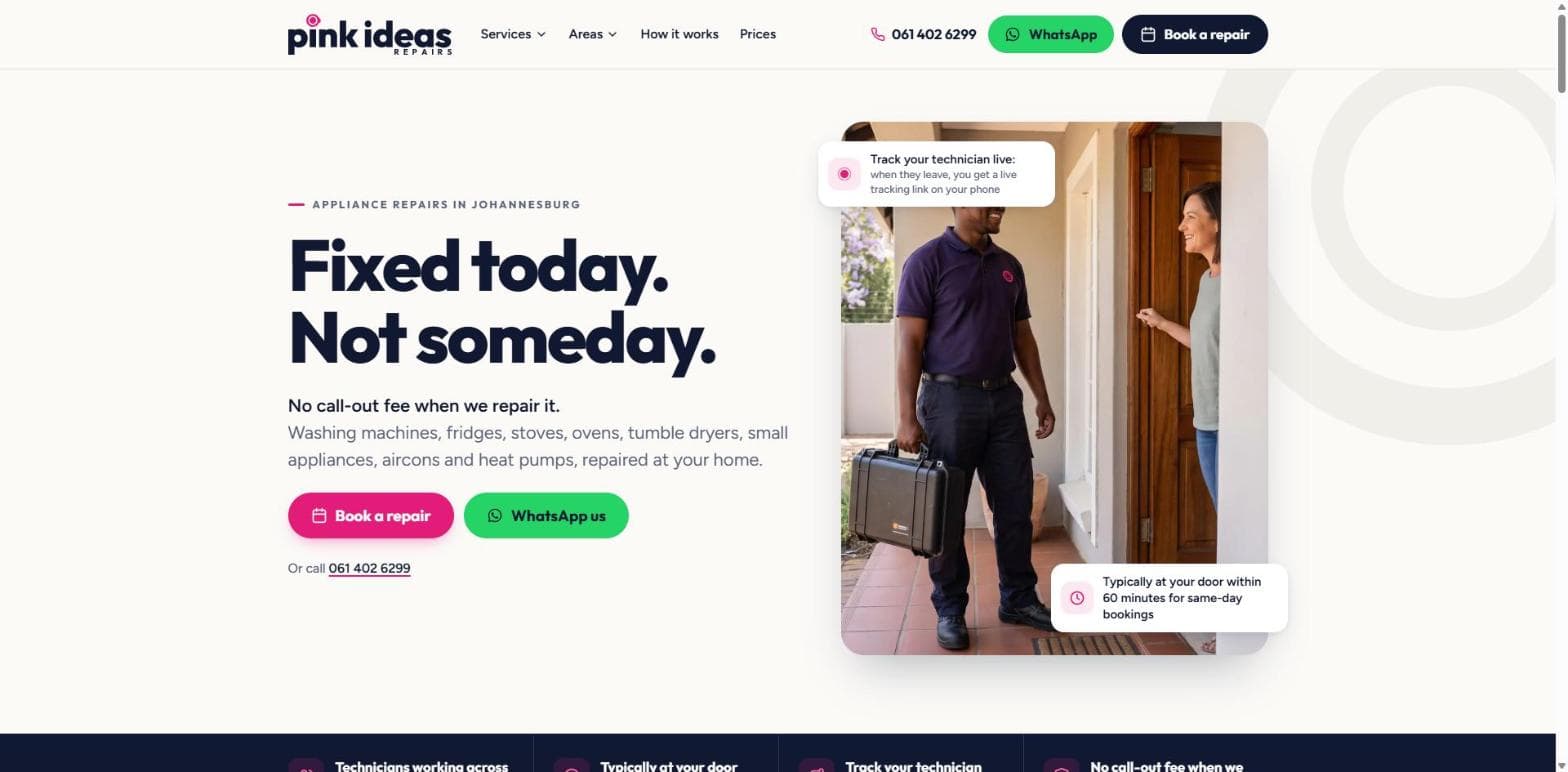 The Pink Ideas Repairs website homepage, built by Nod & Co