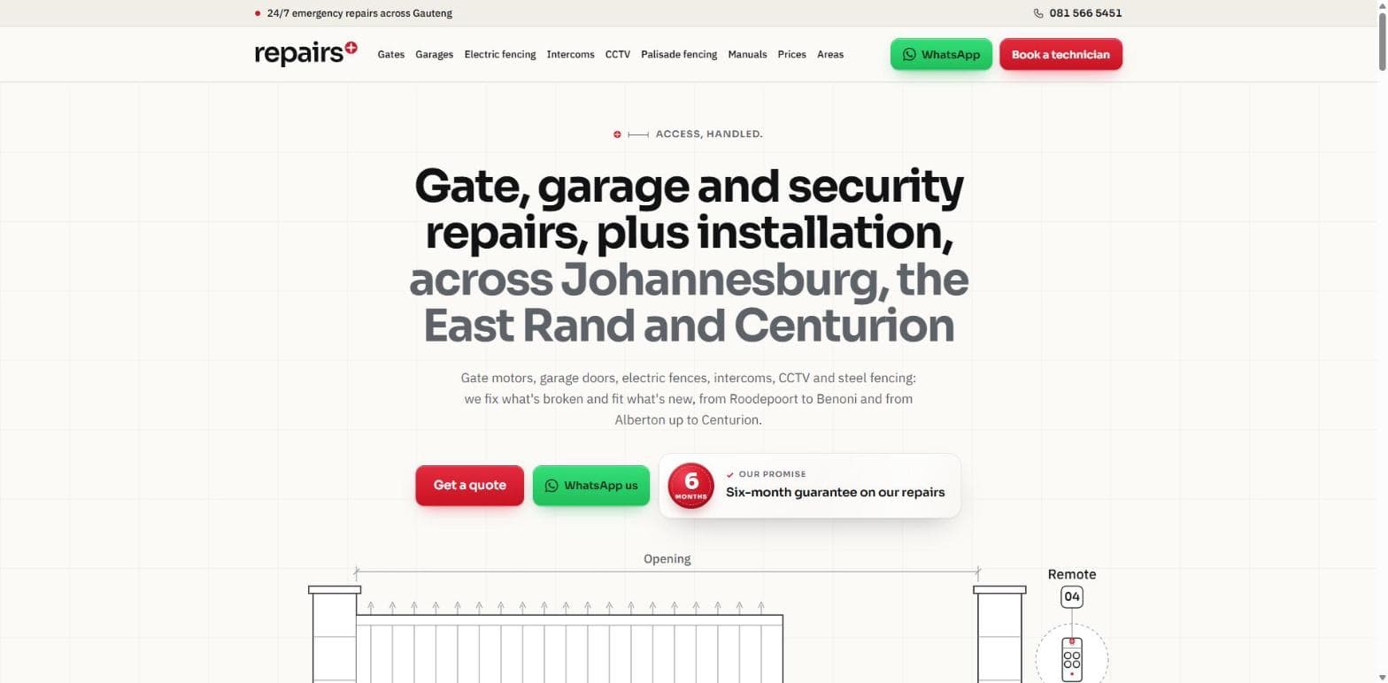 The Repairs Plus website homepage, built by Nod & Co