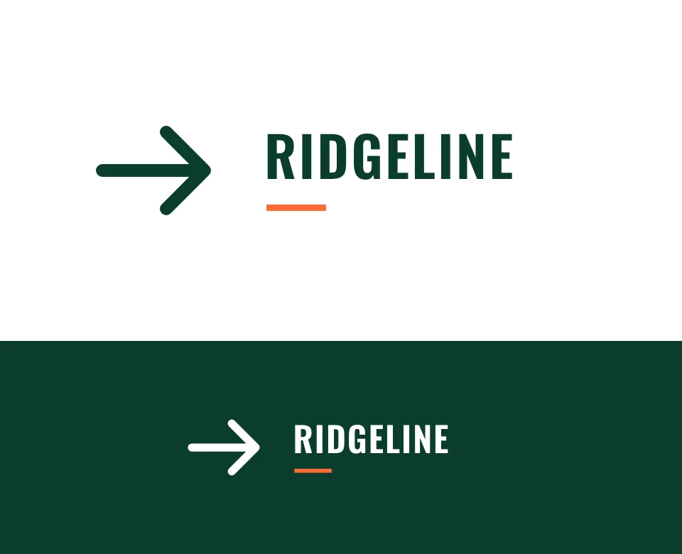 Activewear logo concept for Ridgeline: a symbol and name with a arrow, shown on white and on its own colour