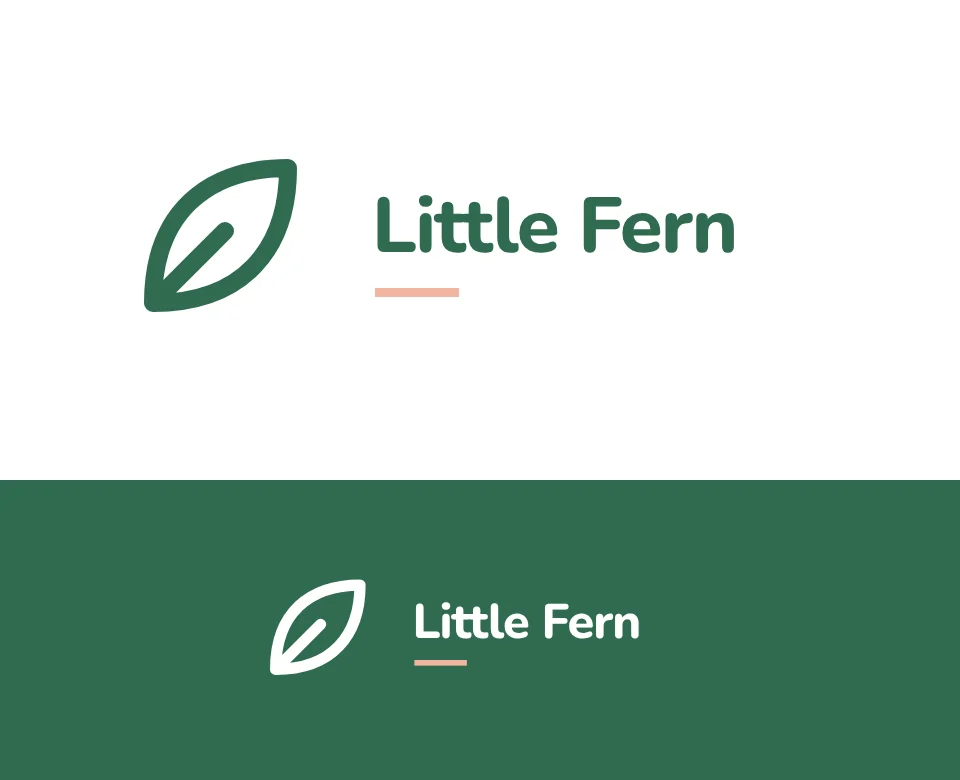 Children's clothing logo concept for Little Fern: a symbol and name with a leaf, shown on white and on its own colour