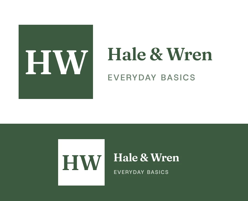 Everyday basics logo concept for Hale & Wren: a monogram, shown on white and on its own colour