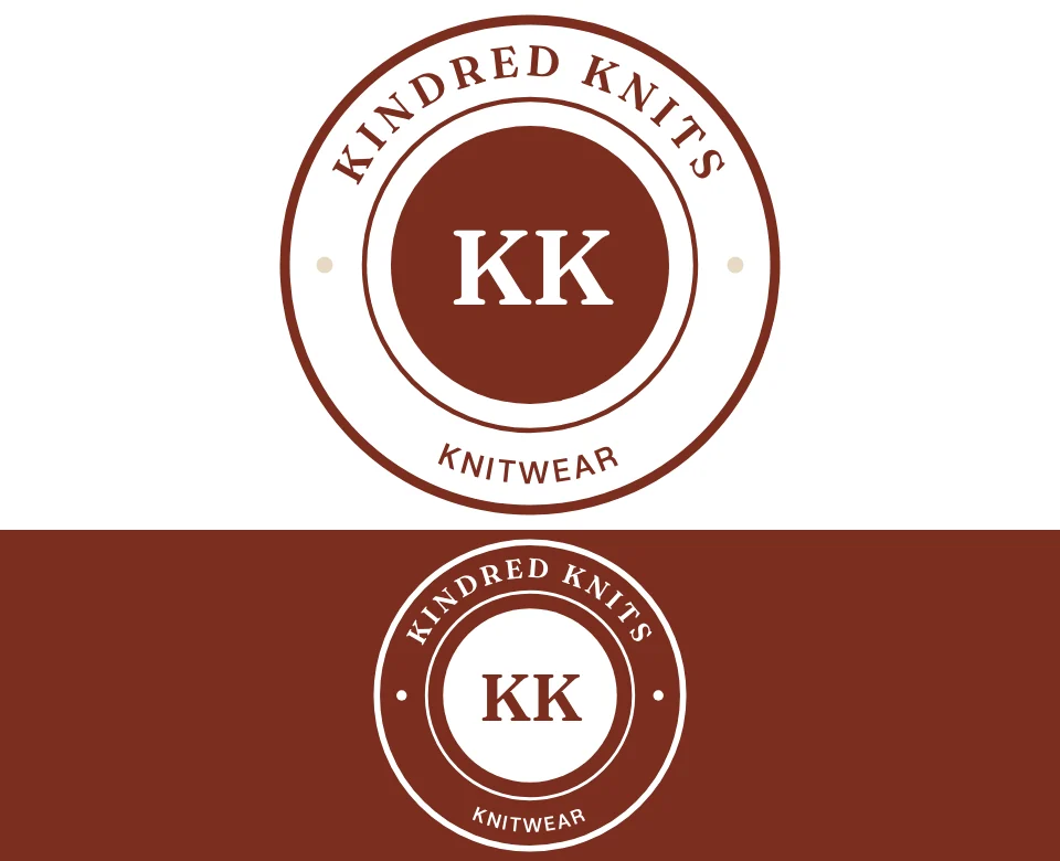 Knitwear logo concept for Kindred Knits: a round badge, shown on white and on its own colour