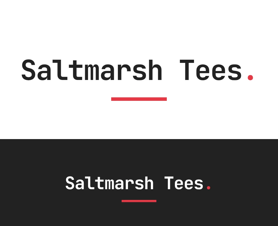 Printed T-shirts logo concept for Saltmarsh Tees: a wordmark, shown on white and on its own colour