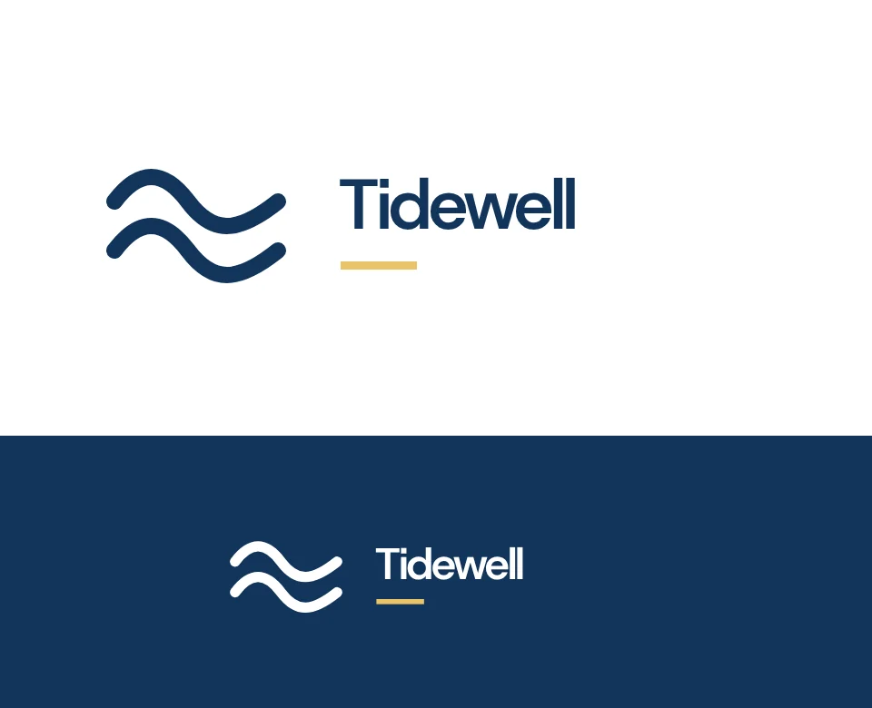 Surf and outdoor clothing logo concept for Tidewell: a symbol and name with a wave, shown on white and on its own colour