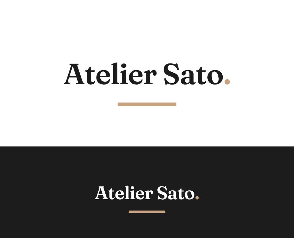 Tailored womenswear logo concept for Atelier Sato: a wordmark, shown on white and on its own colour