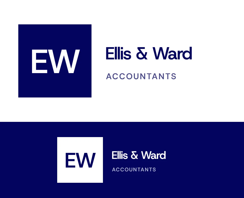 Accountants logo concept for Ellis & Ward: a monogram, shown on white and on its own colour
