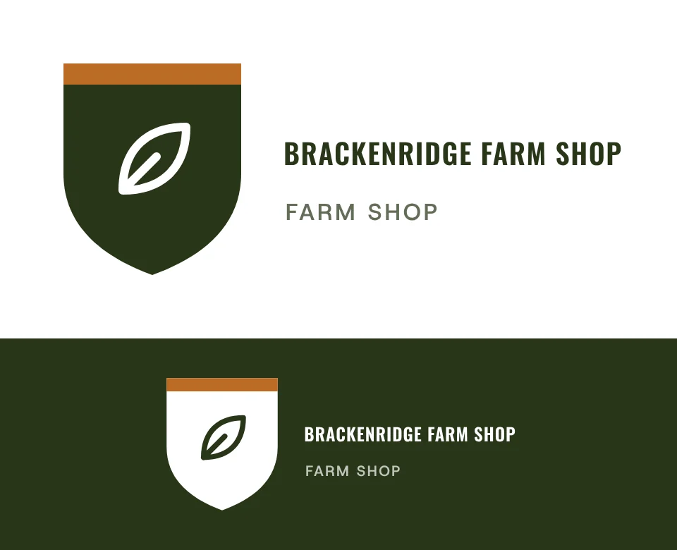 Farm shop logo concept for Brackenridge Farm Shop: a shield emblem with a leaf, shown on white and on its own colour