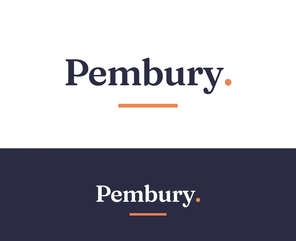 Interior design studio logo concept for Pembury: a wordmark, shown on white and on its own colour