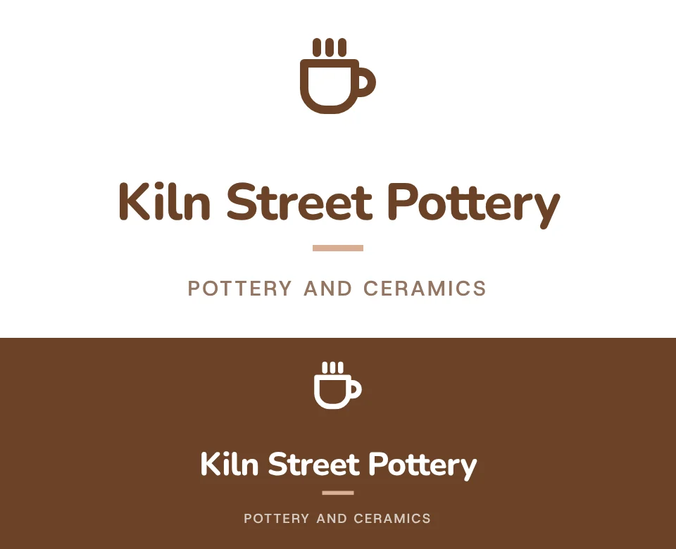 Pottery and ceramics logo concept for Kiln Street Pottery: a stacked symbol and name with a coffee cup, shown on white and on its own colour