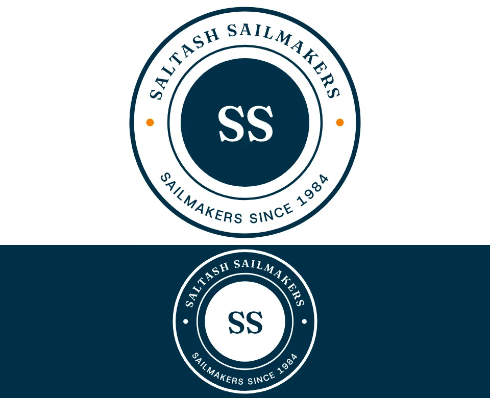 Sailmakers since 1984 logo concept for Saltash Sailmakers: a round badge, shown on white and on its own colour