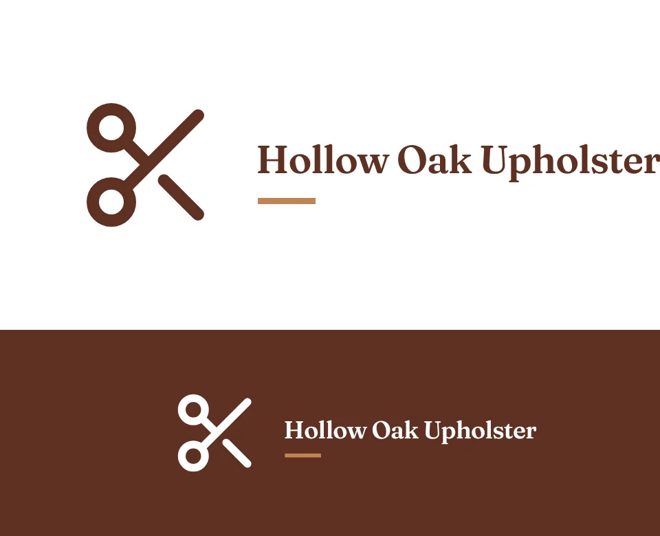 Upholsterer logo concept for Hollow Oak Upholstery: a symbol and name with a scissors, shown on white and on its own colour