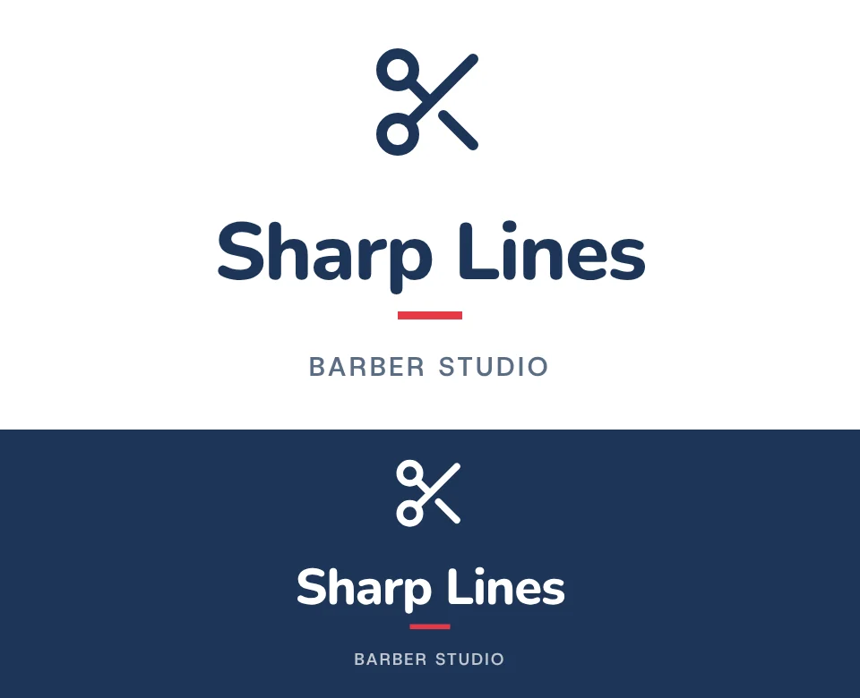 Barber studio logo concept for Sharp Lines: a stacked symbol and name with a scissors, shown on white and on its own colour