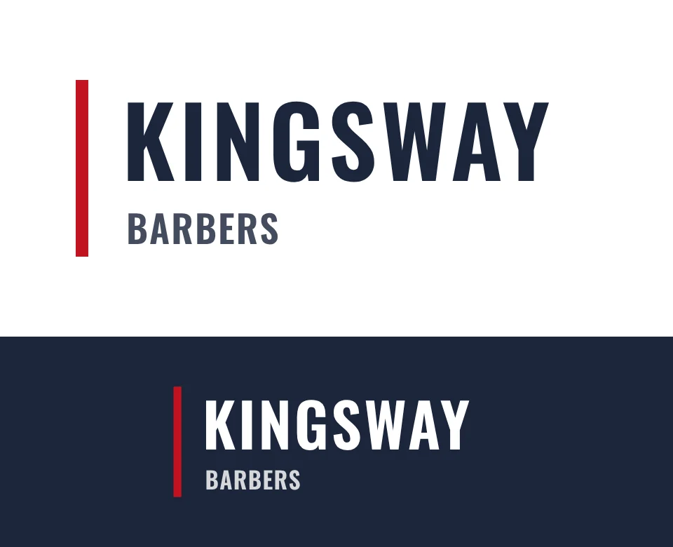 Barbershop logo concept for Kingsway Barbers: a two-line wordmark, shown on white and on its own colour