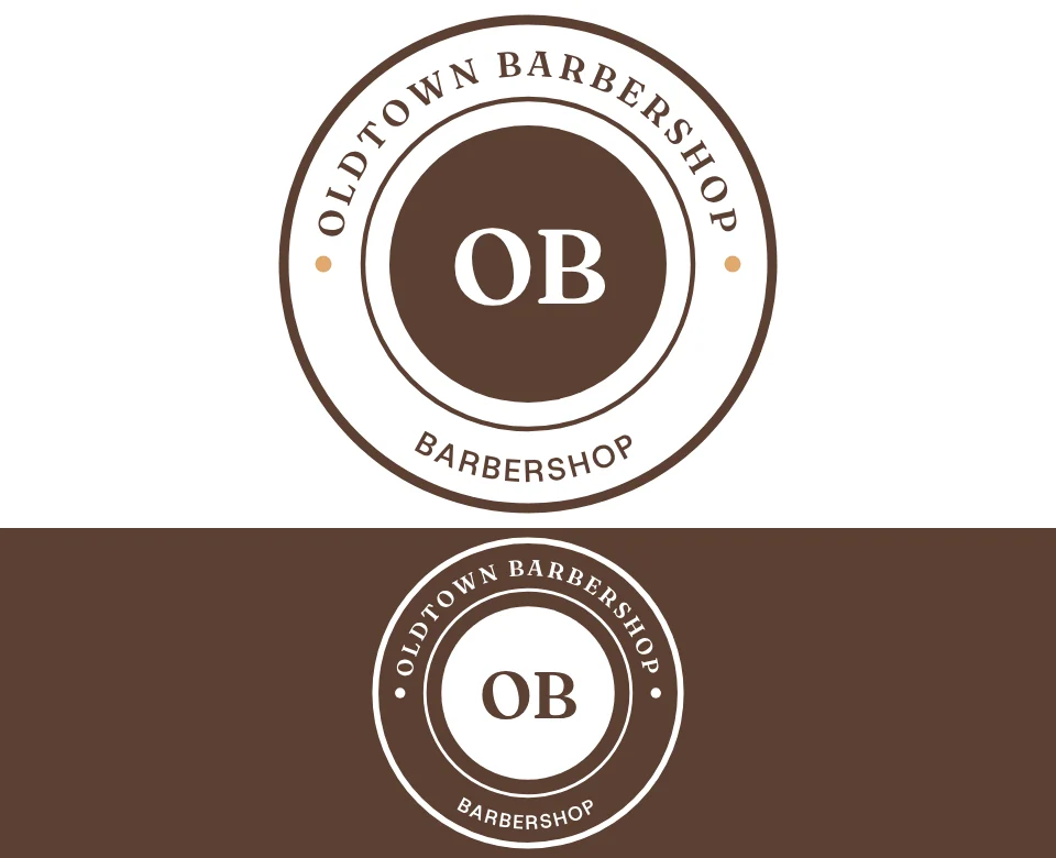 Barbershop logo concept for Oldtown Barbershop: a round badge, shown on white and on its own colour