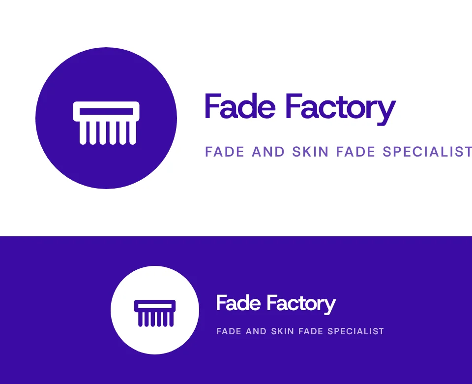 Fade and skin fade specialist logo concept for Fade Factory: a symbol in a circle beside the name with a comb, shown on white and on its own colour