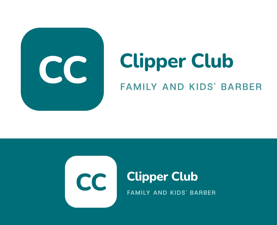 Family and kids' barber logo concept for Clipper Club: a monogram, shown on white and on its own colour
