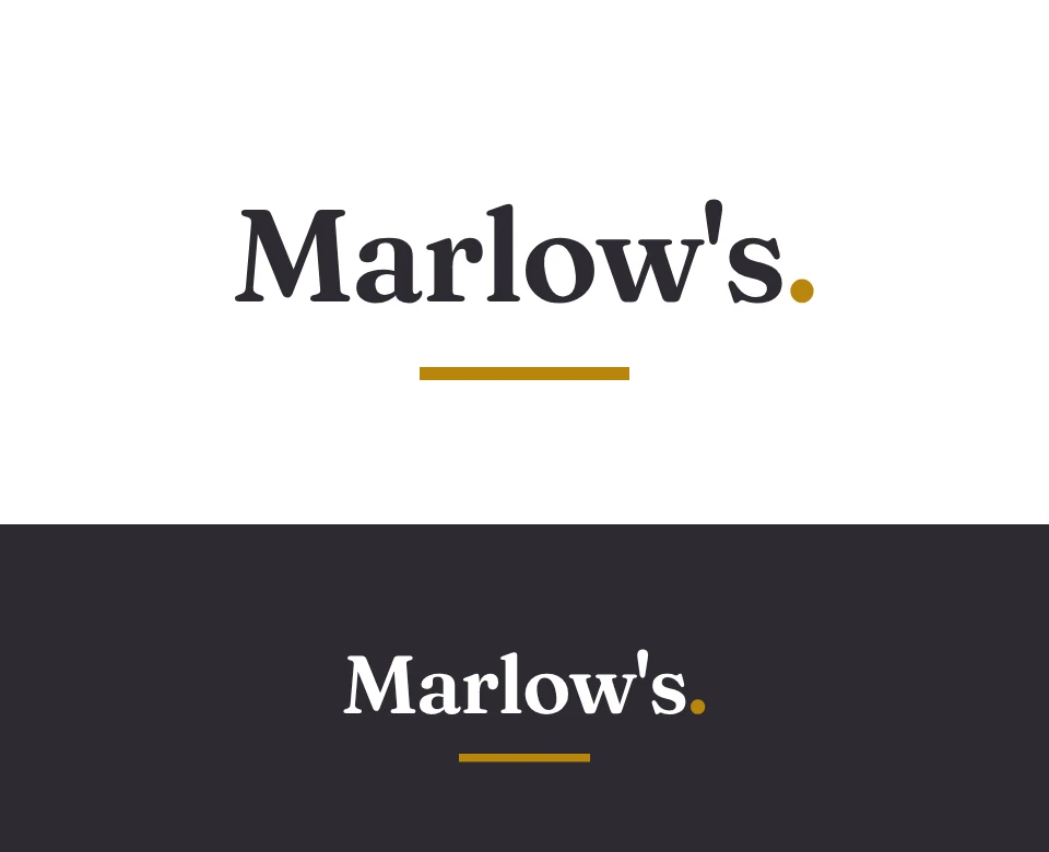 Gentlemen's barber logo concept for Marlow's: a wordmark, shown on white and on its own colour