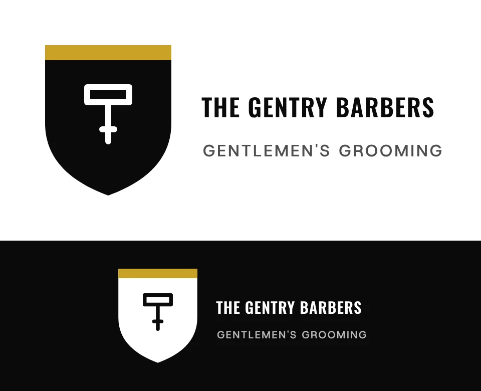 Gentlemen's grooming logo concept for The Gentry Barbers: a shield emblem with a razor, shown on white and on its own colour