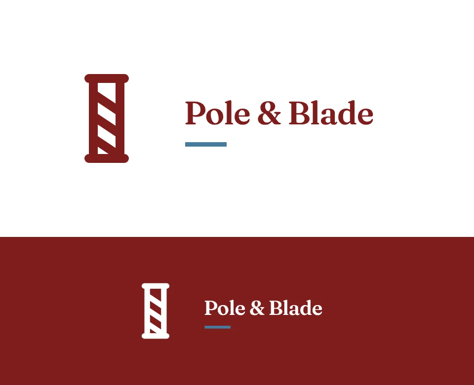 Traditional barber logo concept for Pole & Blade: a symbol and name with a barber's pole, shown on white and on its own colour