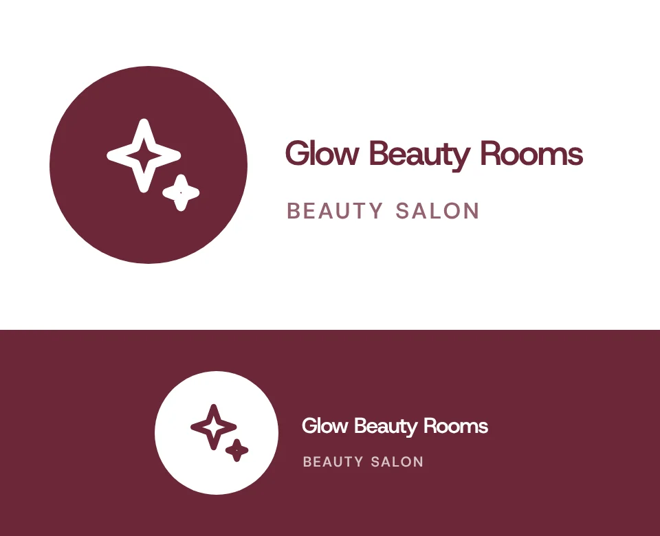 Beauty salon logo concept for Glow Beauty Rooms: a symbol in a circle beside the name with a sparkle, shown on white and on its own colour