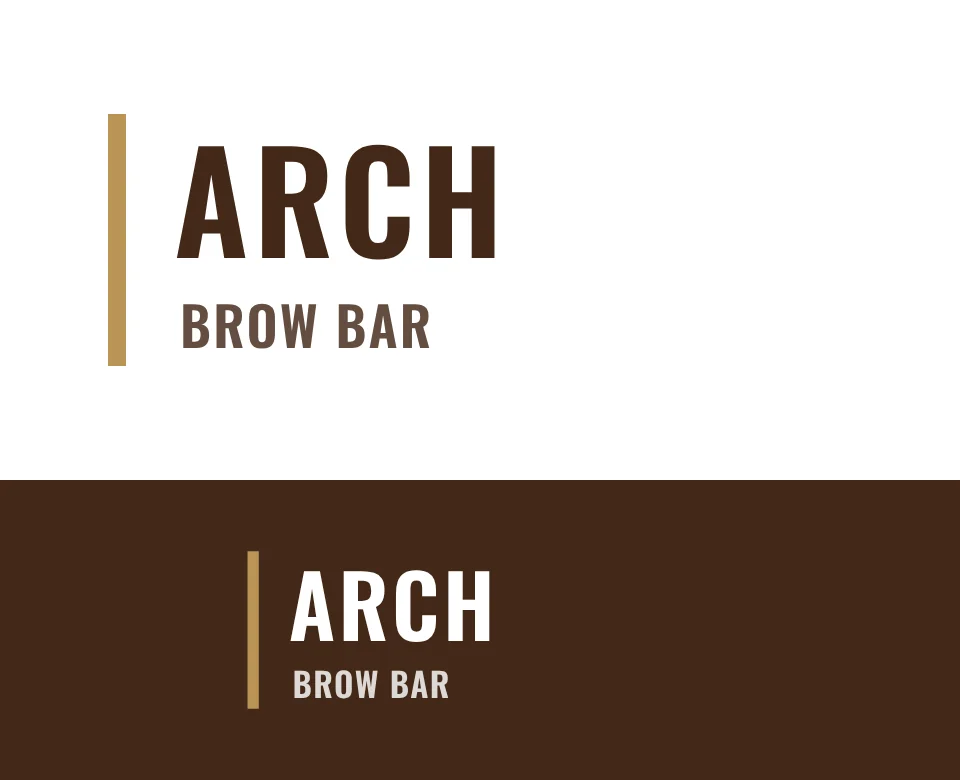 Brows and make-up logo concept for Arch Brow Bar: a two-line wordmark, shown on white and on its own colour