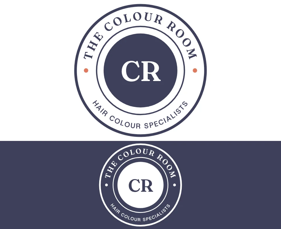 Hair colour specialists logo concept for The Colour Room: a round badge, shown on white and on its own colour