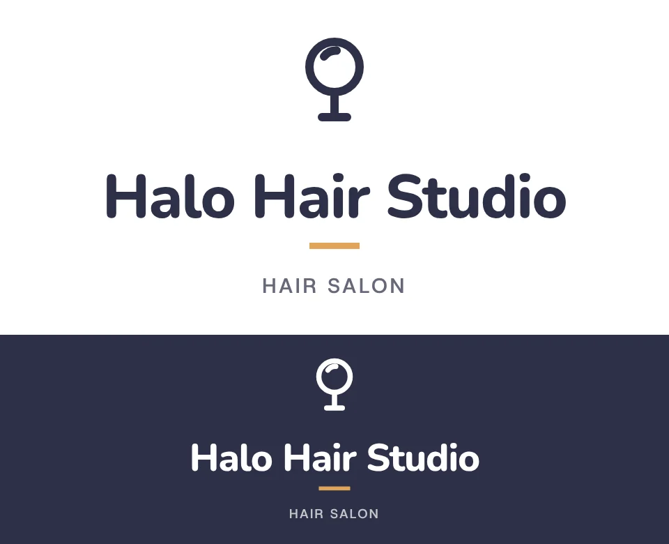 Hair salon logo concept for Halo Hair Studio: a stacked symbol and name with a hand mirror, shown on white and on its own colour