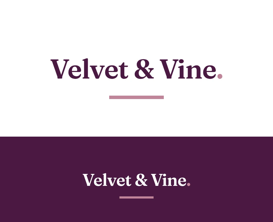 Hair salon logo concept for Velvet & Vine: a wordmark, shown on white and on its own colour