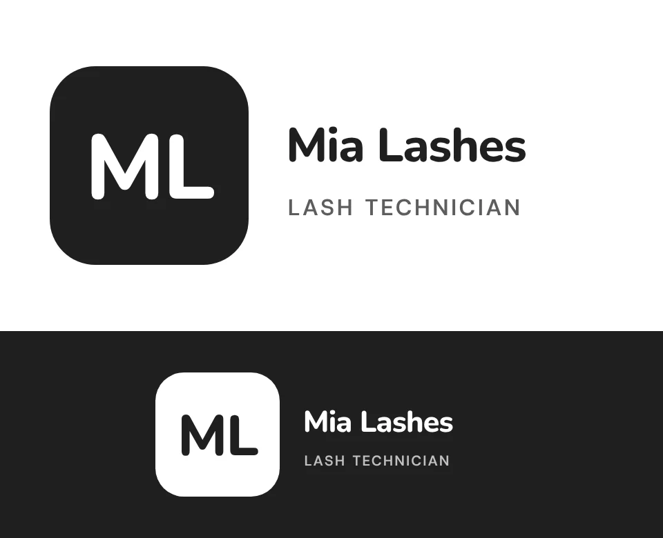 Lash technician logo concept for Mia Lashes: a monogram, shown on white and on its own colour