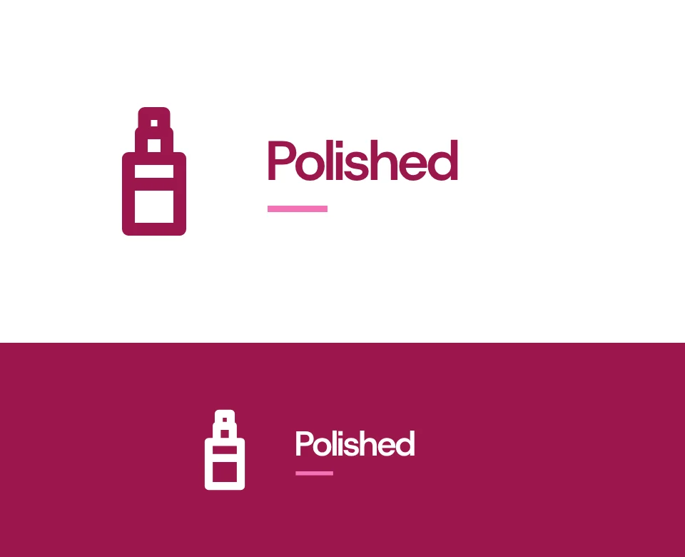 Nail salon logo concept for Polished: a symbol and name with a nail polish bottle, shown on white and on its own colour