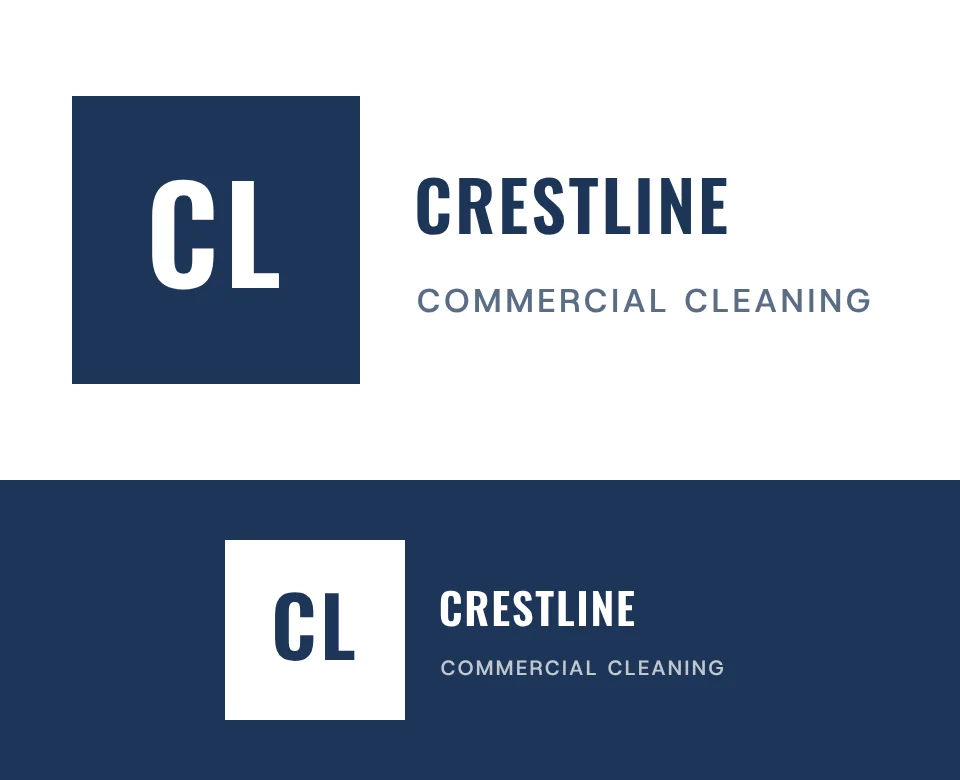 Commercial cleaning logo concept for Crestline: a monogram, shown on white and on its own colour