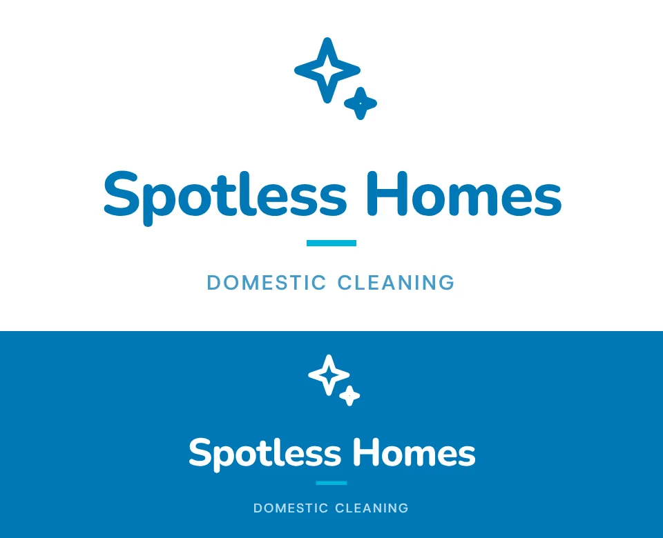 Domestic cleaning logo concept for Spotless Homes: a stacked symbol and name with a sparkle, shown on white and on its own colour