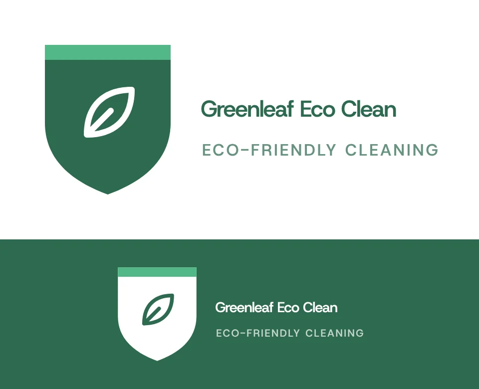 Eco-friendly cleaning logo concept for Greenleaf Eco Clean: a shield emblem with a leaf, shown on white and on its own colour