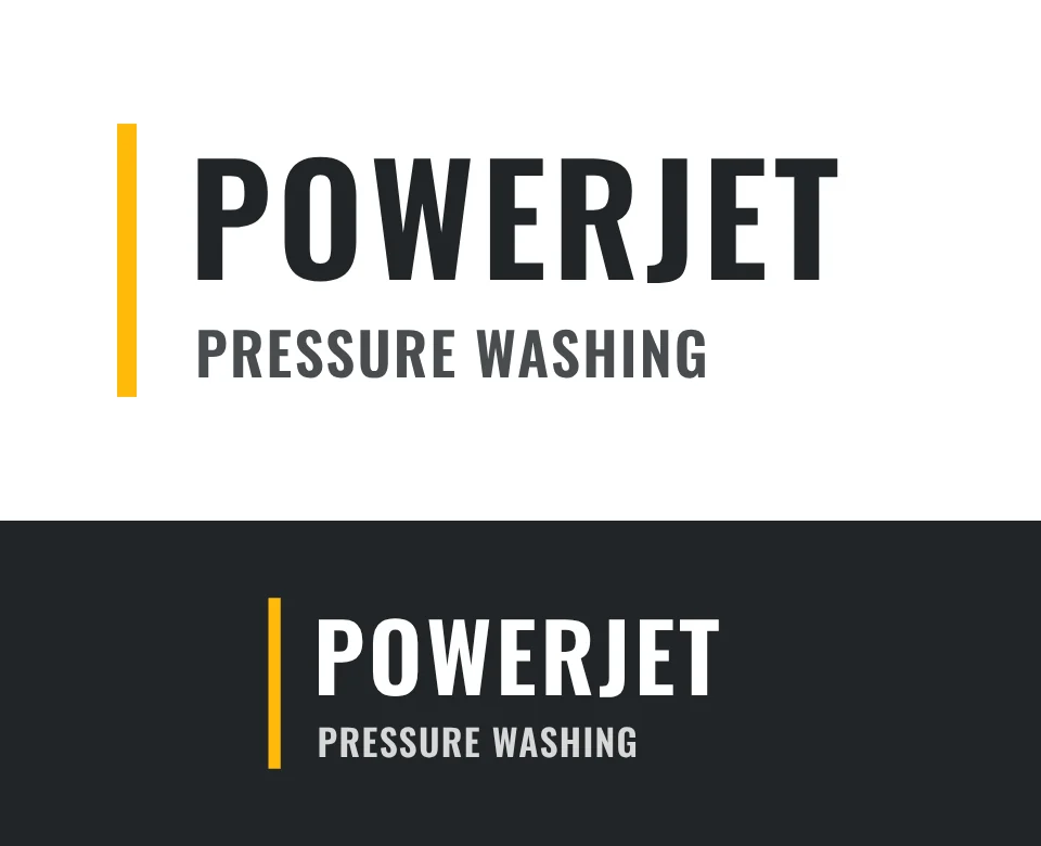 Pressure washing logo concept for PowerJet Pressure Washing: a two-line wordmark, shown on white and on its own colour