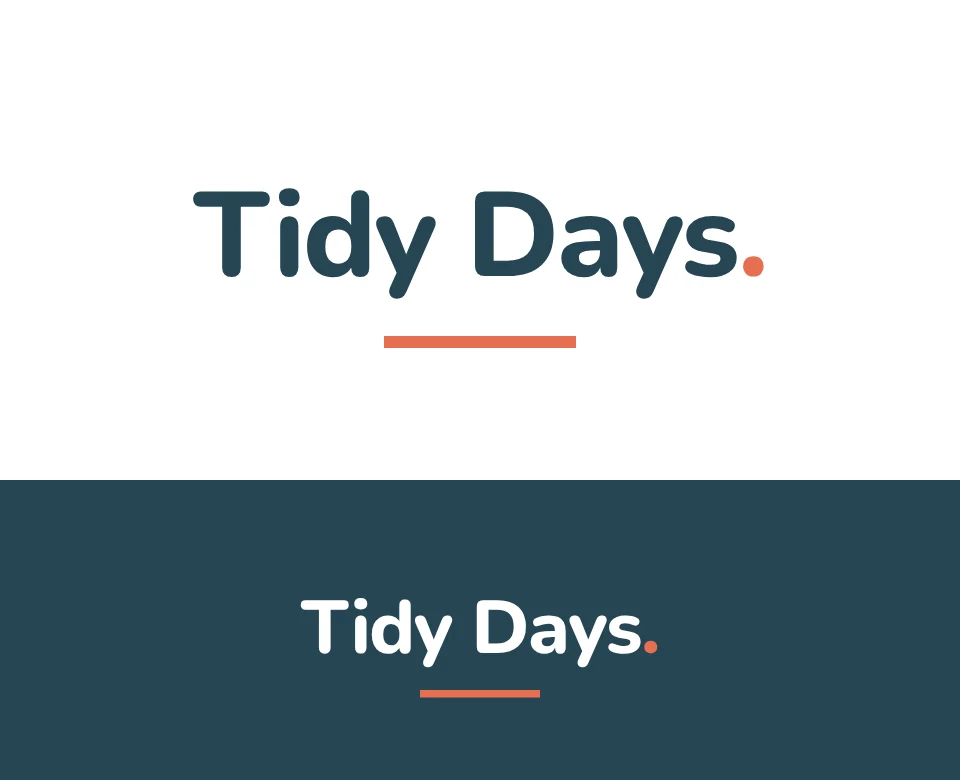Weekly home cleaning logo concept for Tidy Days: a wordmark, shown on white and on its own colour
