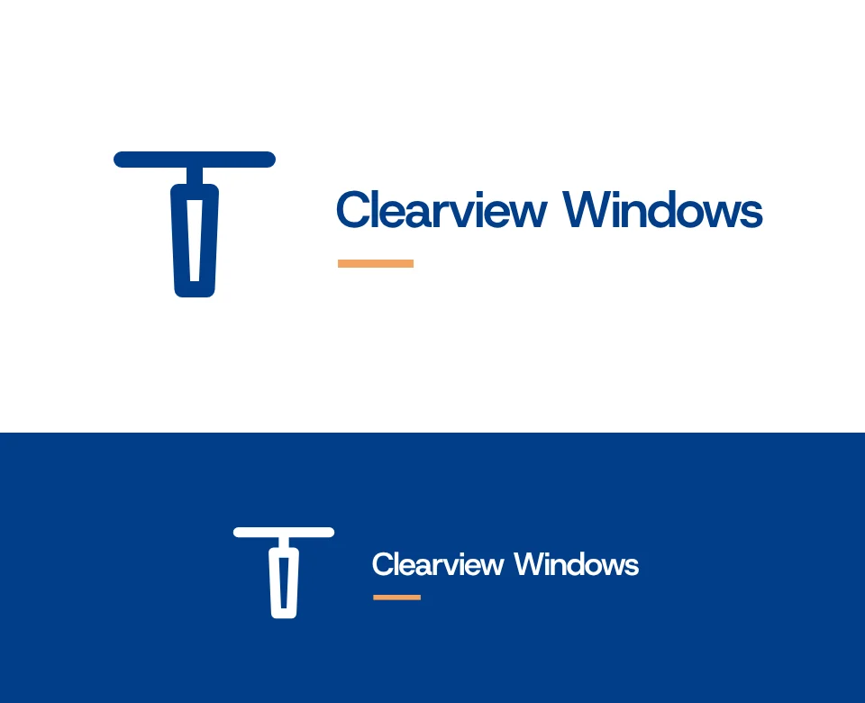 Window cleaning logo concept for Clearview Windows: a symbol and name with a window squeegee, shown on white and on its own colour