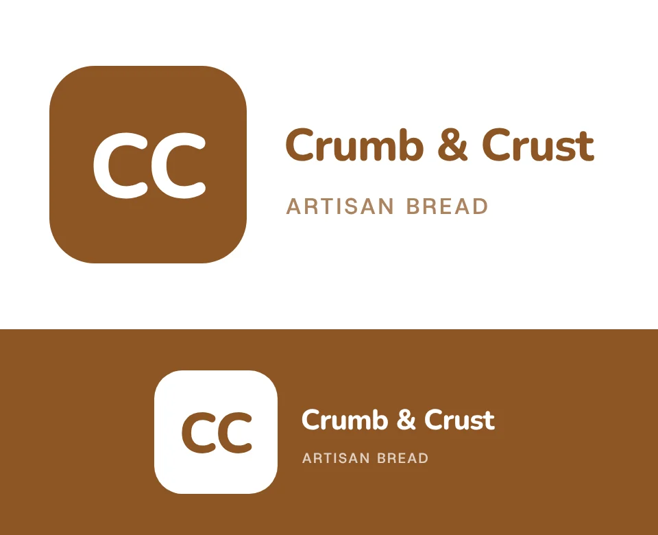 Artisan bread logo concept for Crumb & Crust: a monogram, shown on white and on its own colour