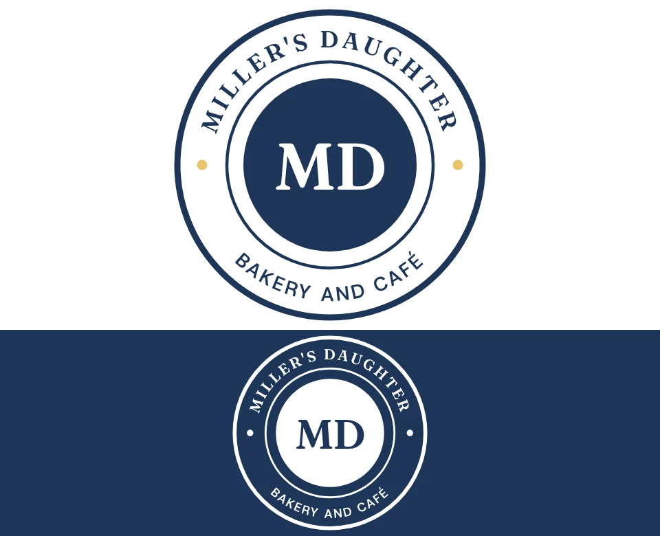 Bakery and café logo concept for Miller's Daughter: a round badge, shown on white and on its own colour