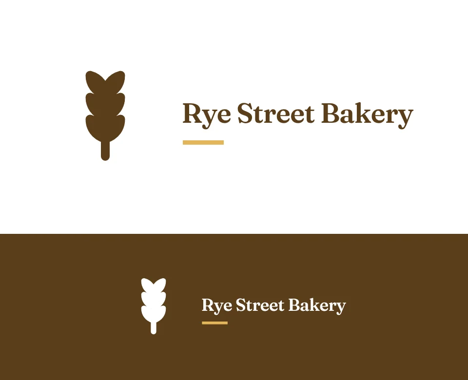 Bakery logo concept for Rye Street Bakery: a symbol and name with a ear of wheat, shown on white and on its own colour