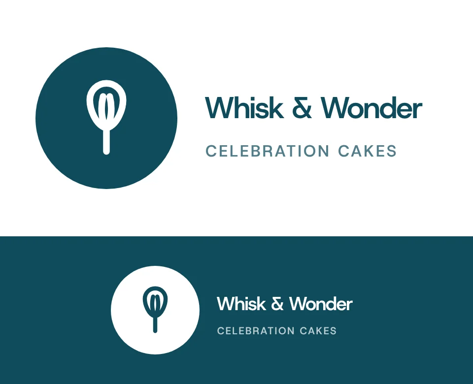 Celebration cakes logo concept for Whisk & Wonder: a symbol in a circle beside the name with a whisk, shown on white and on its own colour
