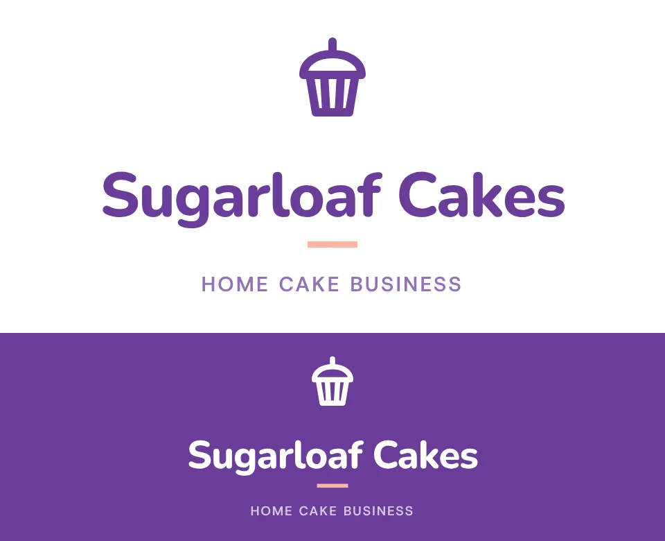 Home cake business logo concept for Sugarloaf Cakes: a stacked symbol and name with a cupcake, shown on white and on its own colour