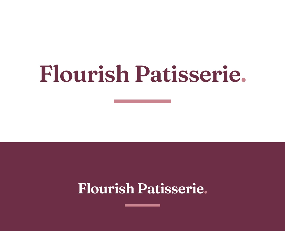 Patisserie logo concept for Flourish Patisserie: a wordmark, shown on white and on its own colour