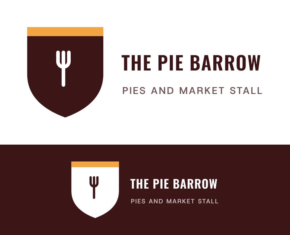 Pies and market stall logo concept for The Pie Barrow: a shield emblem with a fork, shown on white and on its own colour